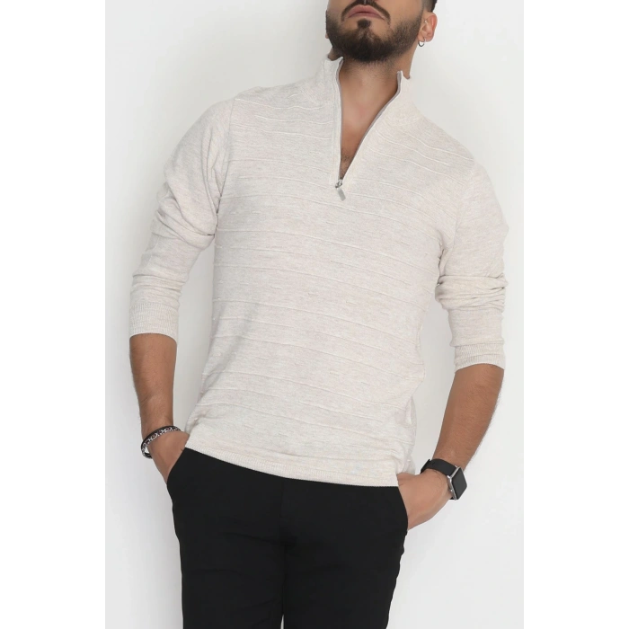 Yakası Fermuarlı Erkek Triko Taş - 2550.2052.