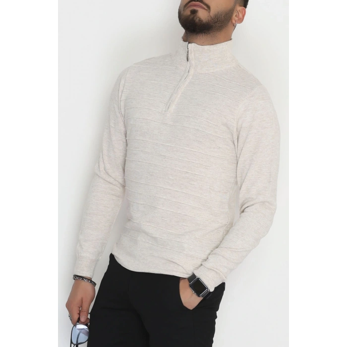 Yakası Fermuarlı Erkek Triko Taş - 2550.2052.