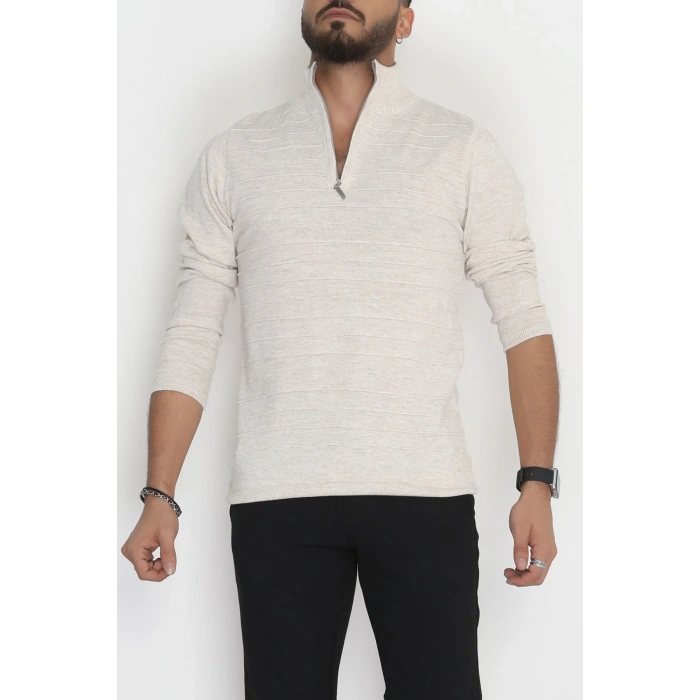 Yakası Fermuarlı Erkek Triko Taş - 2550.2052.