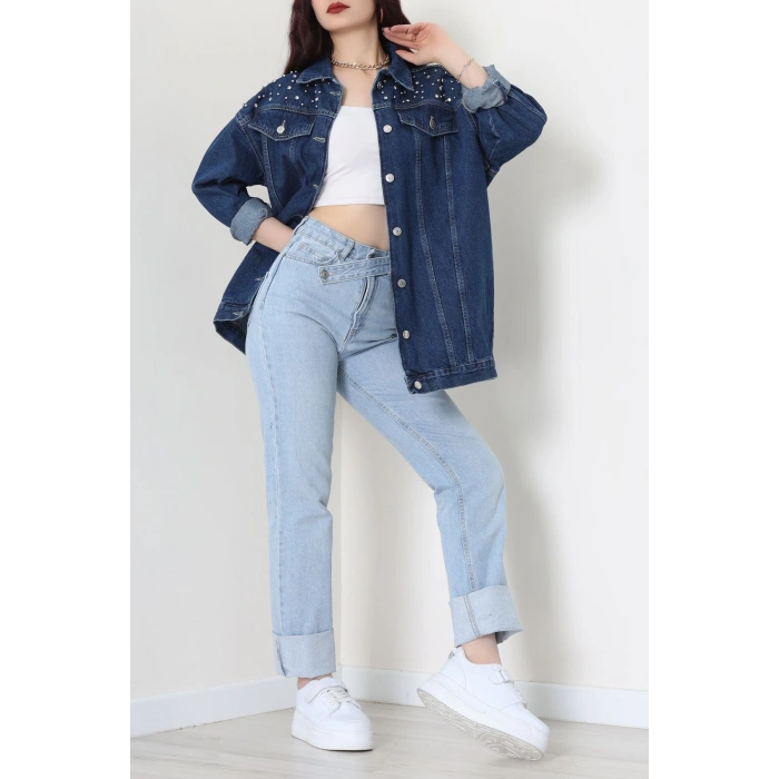 Yakası Taşlı Kot Ceket Lacivert - 10033.2059.