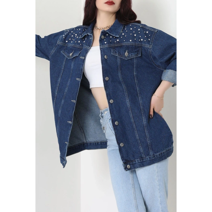 Yakası Taşlı Kot Ceket Lacivert - 10033.2059.