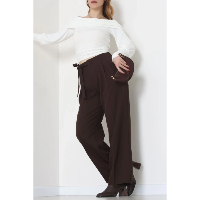 Yan Bağlama Detaylı Dabıl Kumaş Pantolon Kahve - 51611.683.