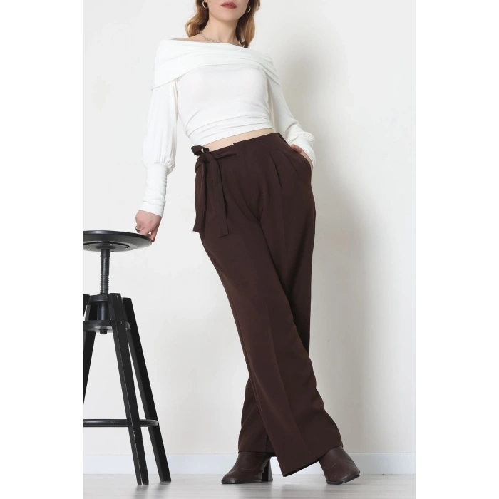 Yan Bağlama Detaylı Dabıl Kumaş Pantolon Kahve - 51611.683.