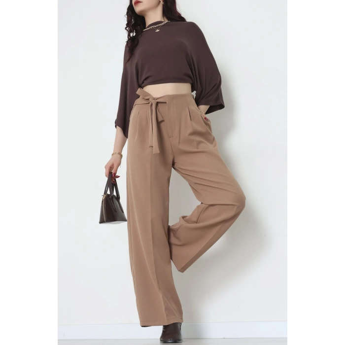 Yan Bağlama Detaylı Dabıl Kumaş Pantolon Latte - 51611.683.