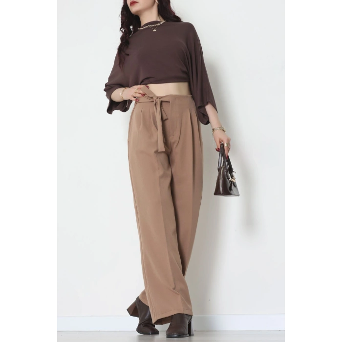 Yan Bağlama Detaylı Dabıl Kumaş Pantolon Latte - 51611.683.