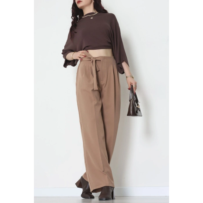 Yan Bağlama Detaylı Dabıl Kumaş Pantolon Latte - 51611.683.