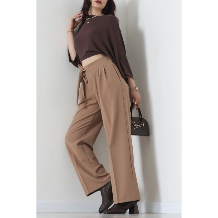 Yan Bağlama Detaylı Dabıl Kumaş Pantolon Latte - 51611.683.