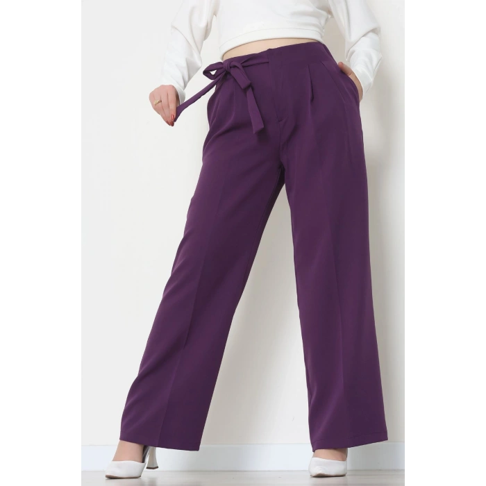 Yan Bağlama Detaylı Dabıl Kumaş Pantolon Mor - 51611.683.