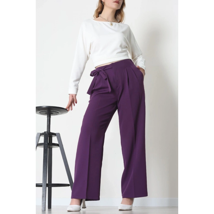 Yan Bağlama Detaylı Dabıl Kumaş Pantolon Mor - 51611.683.
