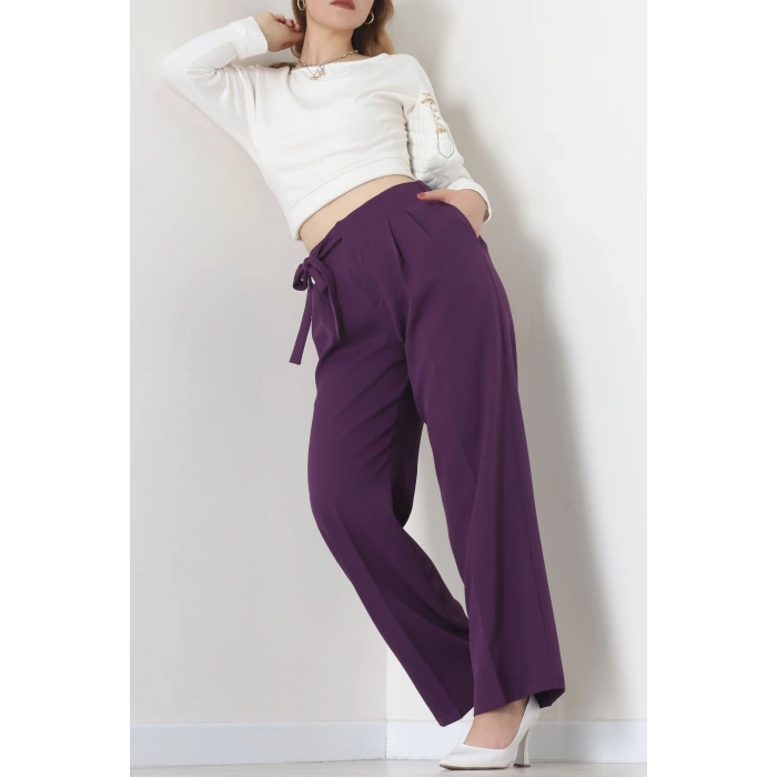 Yan Bağlama Detaylı Dabıl Kumaş Pantolon Mor - 51611.683.