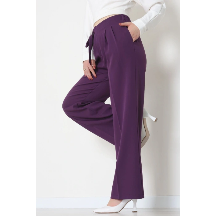 Yan Bağlama Detaylı Dabıl Kumaş Pantolon Mor - 51611.683.
