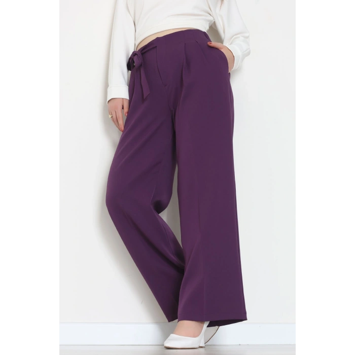 Yan Bağlama Detaylı Dabıl Kumaş Pantolon Mor - 51611.683.