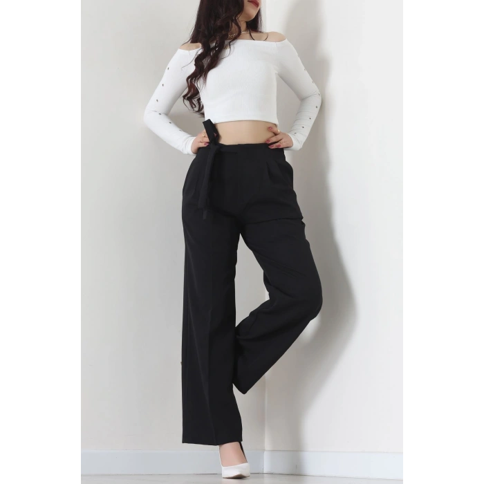 Yan Bağlama Detaylı Dabıl Kumaş Pantolon Siyah - 51611.683.