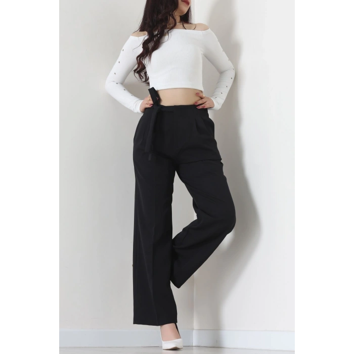 Yan Bağlama Detaylı Dabıl Kumaş Pantolon Siyah - 51611.683.