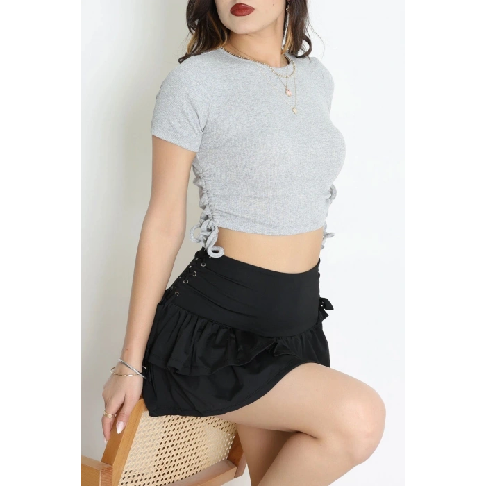 Yan Büzgülü Bağlama Detay Kaşkorse Bluz Gri - 71051.1748.