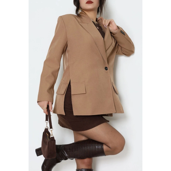 Yandan Yırtmaçlı Astarlı Blazer Ceket Vizon - 6326.001.