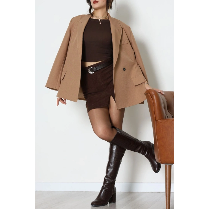 Yandan Yırtmaçlı Astarlı Blazer Ceket Vizon - 6326.001.