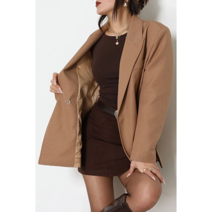 Yandan Yırtmaçlı Astarlı Blazer Ceket Vizon - 6326.001.