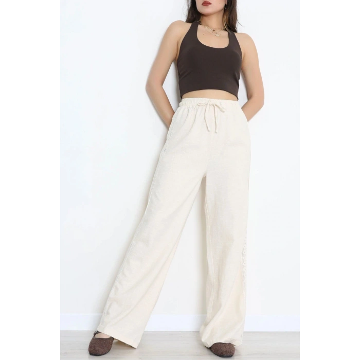 Yanı Garnili Keten Pantolon Taş - 8110.1437.