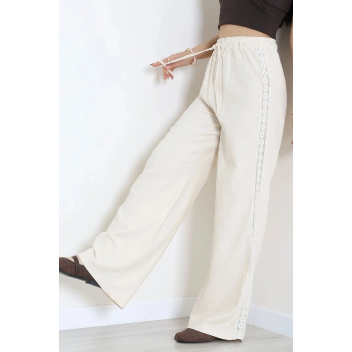 Yanı Garnili Keten Pantolon Taş - 8110.1437.