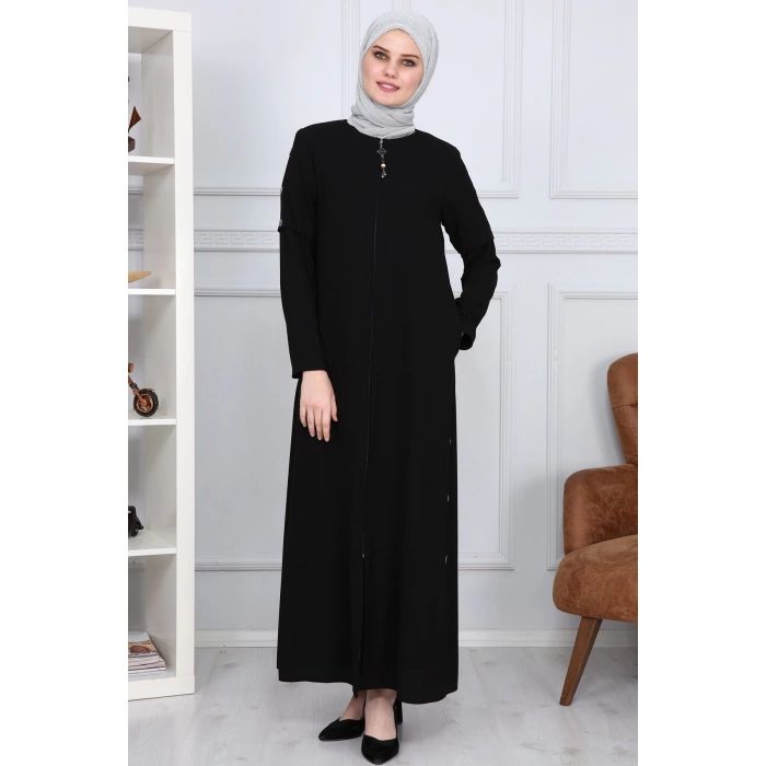 Yanları Boncuk detaylı ferace MDC2151 Siyah