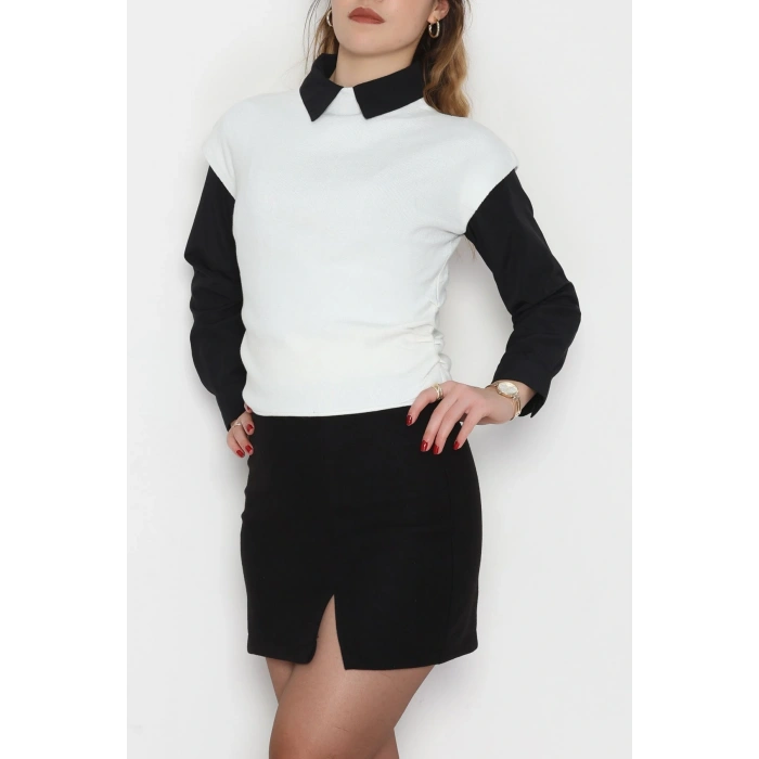 Yanları Büzgülü Triko Bluz Beyaz - 51110.1765.