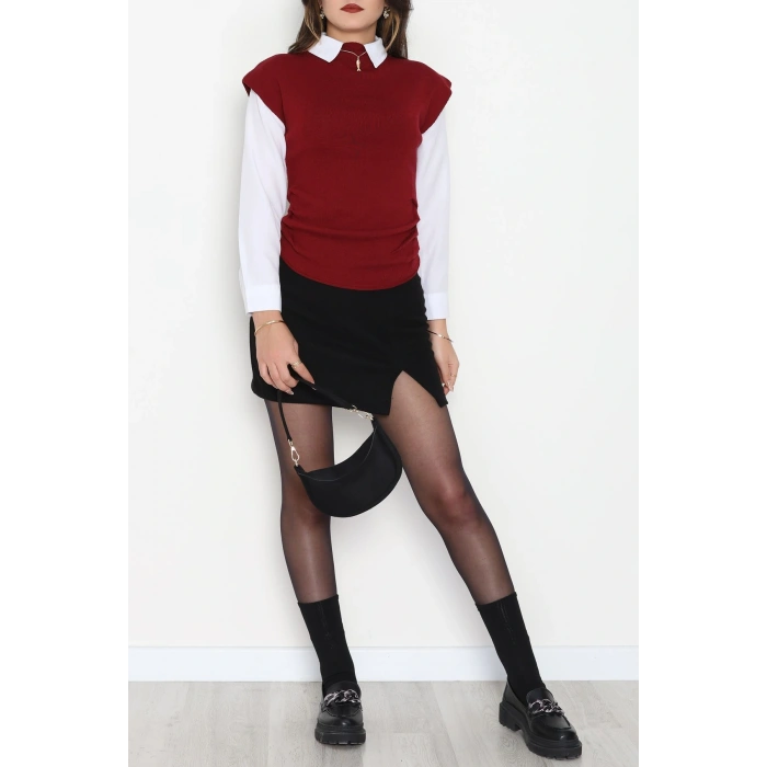 Yanları Büzgülü Triko Bluz Bordo - 51110.1765.