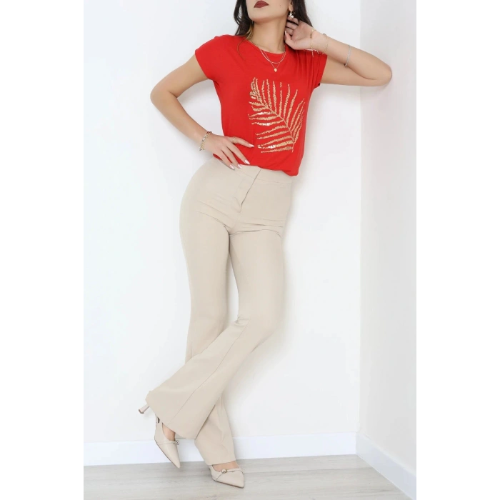 Yaprak İşlemeli Viskon Bluz Kırmızı - 70649.599.