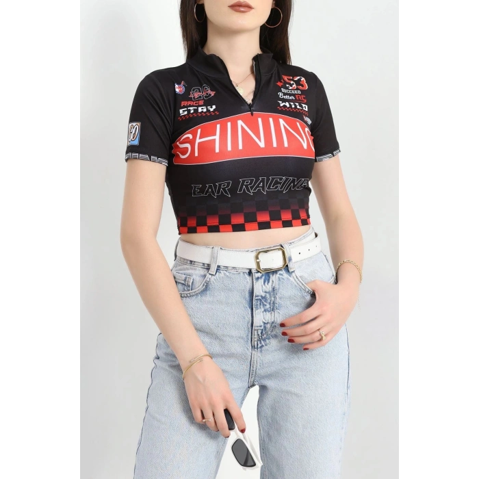 Yarım Fermuar Baskılı Crop Body Siyah - 70548.1856.