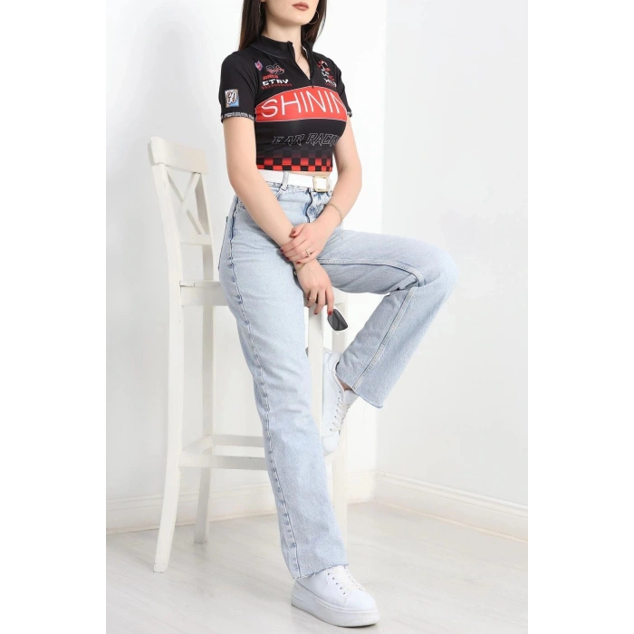 Yarım Fermuar Baskılı Crop Body Siyah - 70548.1856.