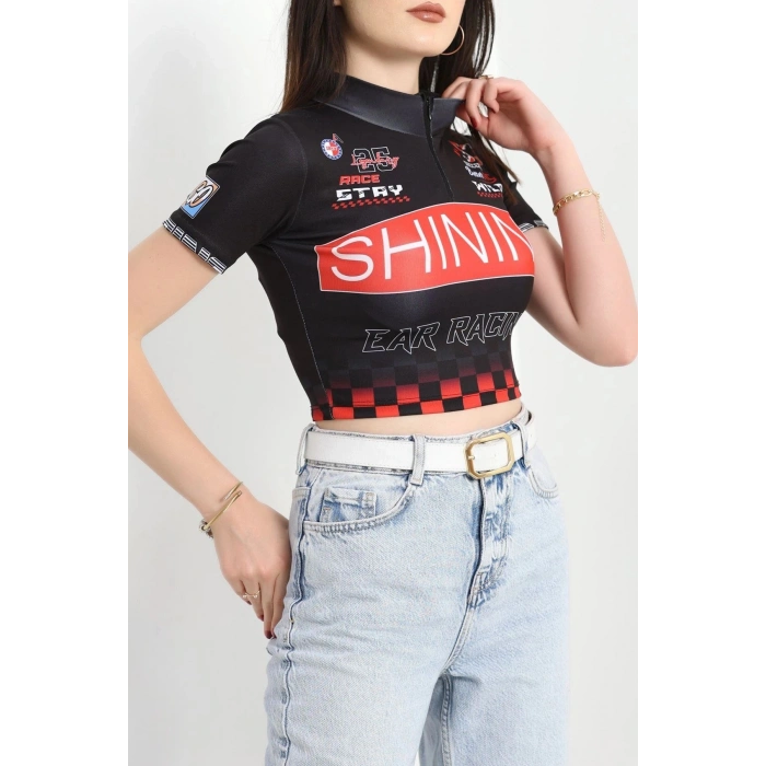 Yarım Fermuar Baskılı Crop Body Siyah - 70548.1856.