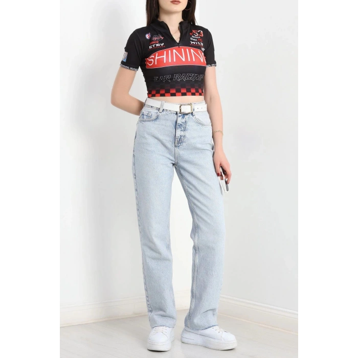 Yarım Fermuar Baskılı Crop Body Siyah - 70548.1856.