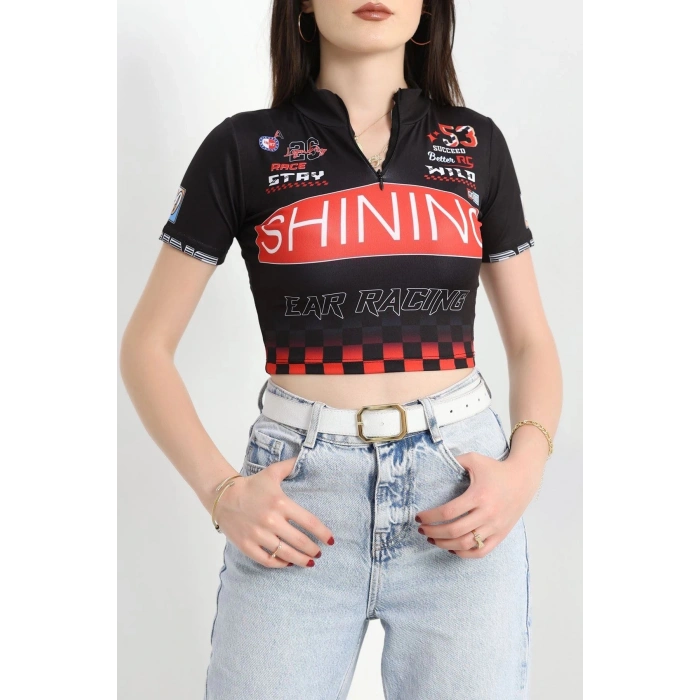 Yarım Fermuar Baskılı Crop Body Siyah - 70548.1856.