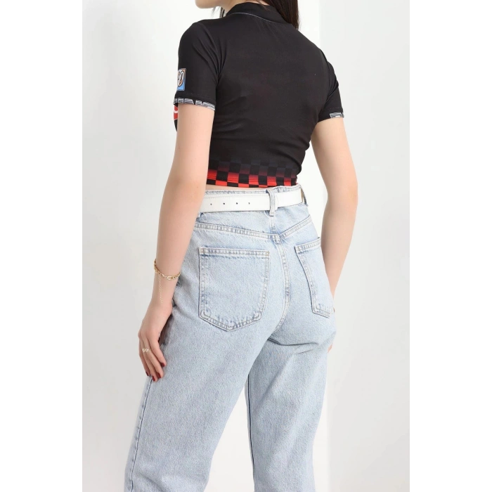Yarım Fermuar Baskılı Crop Body Siyah - 70548.1856.