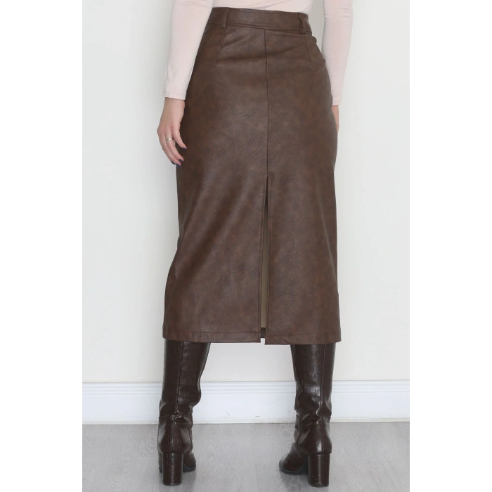 Yıkama Efektli Uzun Deri Etek Antikkahve - 40906.444.