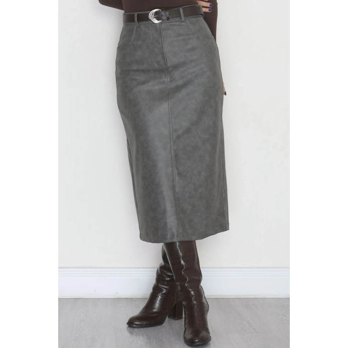 Yıkama Efektli Uzun Deri Etek Antrasit - 40906.444.