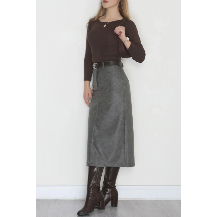 Yıkama Efektli Uzun Deri Etek Antrasit - 40906.444.