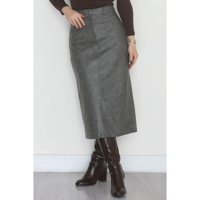 Yıkama Efektli Uzun Deri Etek Antrasit - 40906.444.