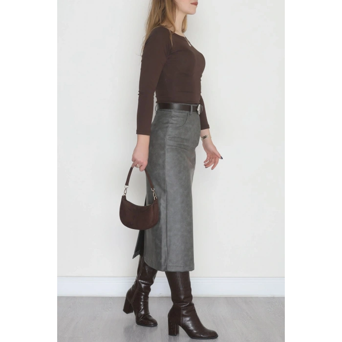 Yıkama Efektli Uzun Deri Etek Antrasit - 40906.444.