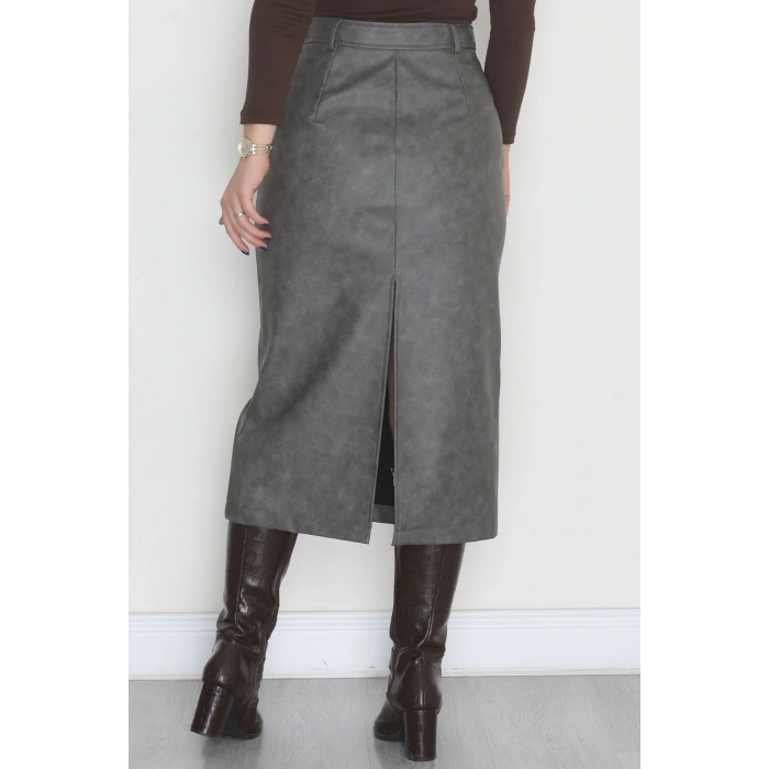 Yıkama Efektli Uzun Deri Etek Antrasit - 40906.444.