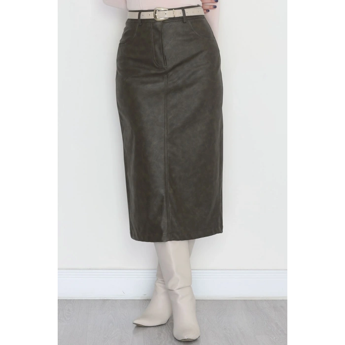 Yıkama Efektli Uzun Deri Etek Avcıyeşili - 40906.444.