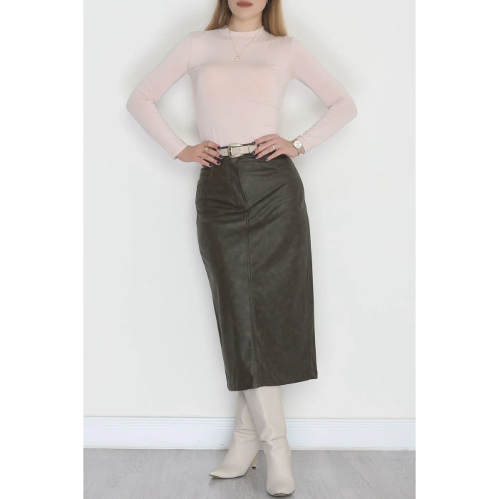 Yıkama Efektli Uzun Deri Etek Avcıyeşili - 40906.444.