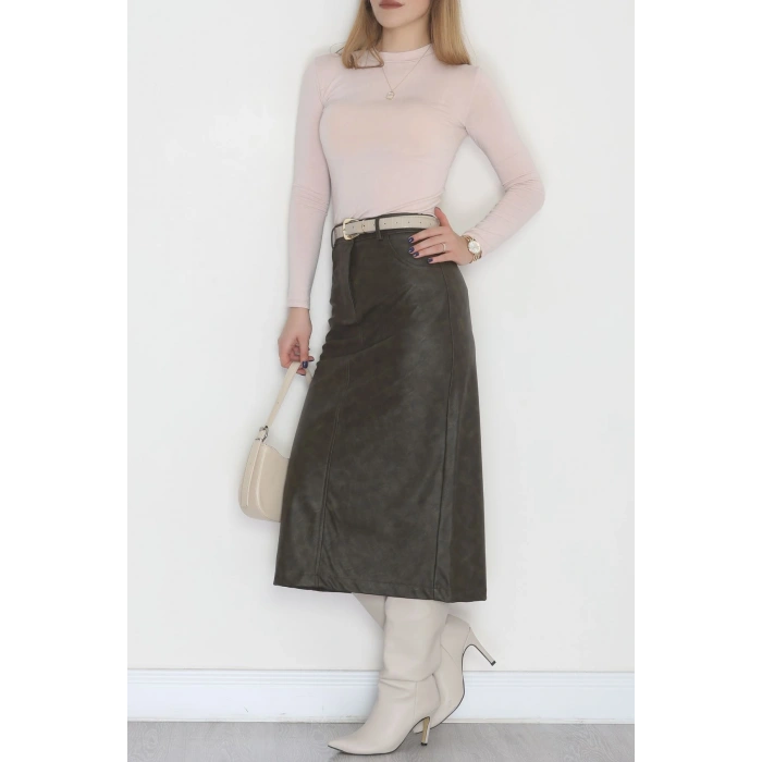 Yıkama Efektli Uzun Deri Etek Avcıyeşili - 40906.444.