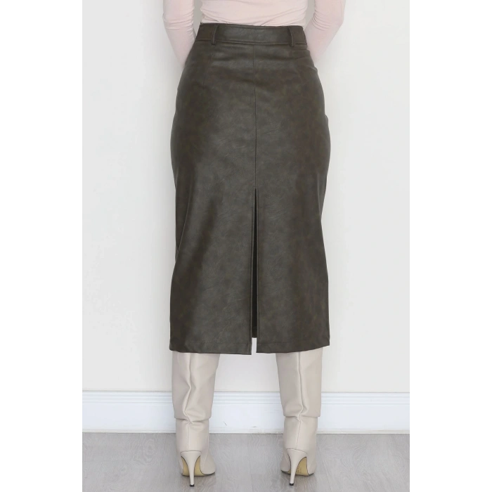 Yıkama Efektli Uzun Deri Etek Avcıyeşili - 40906.444.