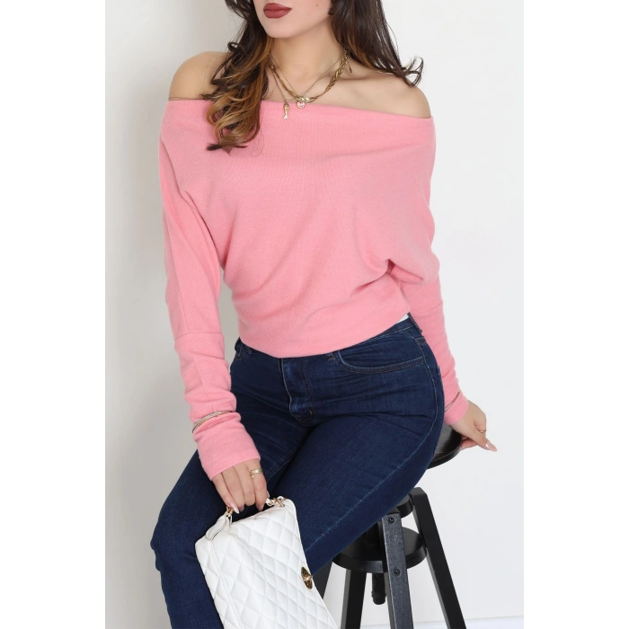 Yumoş Kumaş Kayık Yaka Omuz Düşümlü Bluz Pembe - 31706.2114.