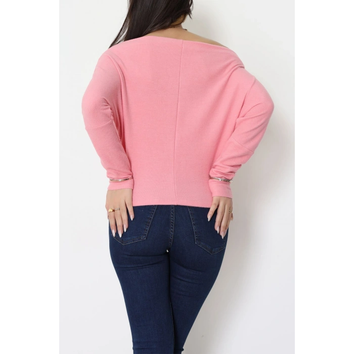 Yumoş Kumaş Kayık Yaka Omuz Düşümlü Bluz Pembe - 31706.2114.