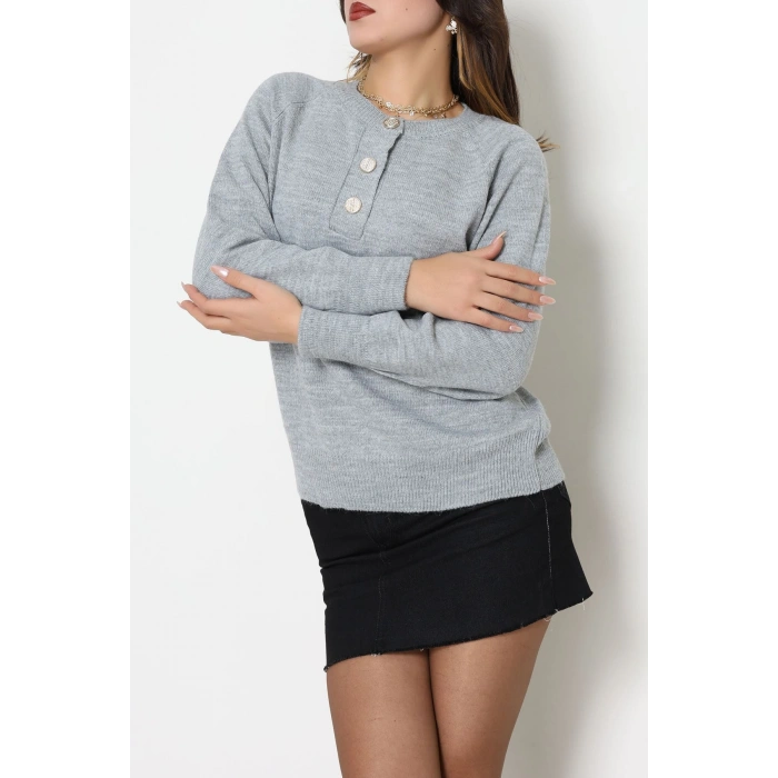 Yumuşak Dokulu Düğme Detay Triko Kazak Gri - 70881.1765.