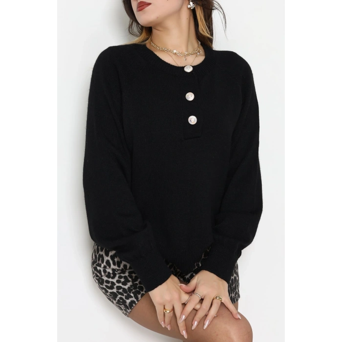 Yumuşak Dokulu Düğme Detay Triko Kazak Siyah - 70881.1765.