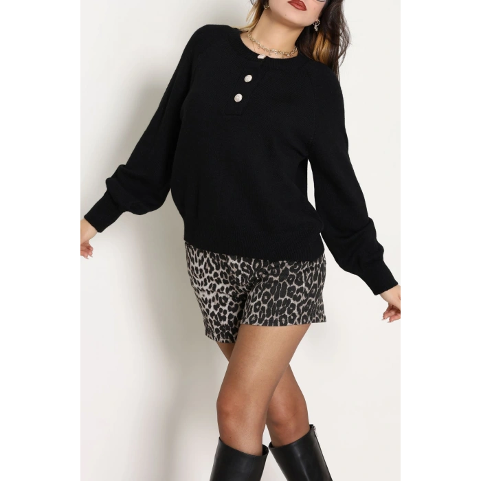 Yumuşak Dokulu Düğme Detay Triko Kazak Siyah - 70881.1765.