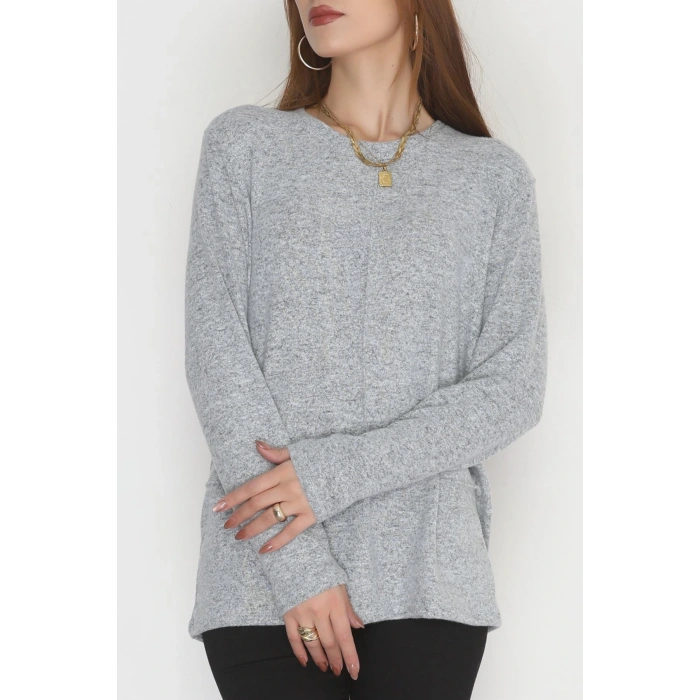 Yün Çilek Büyük Beden Bluz Gri - 51065.2114.